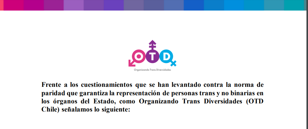 Declaración frente a los cuestionamientos que se han levantado contra la norma de paridad que garantiza la representación de personas trans y no binarias en los órganos del Estado